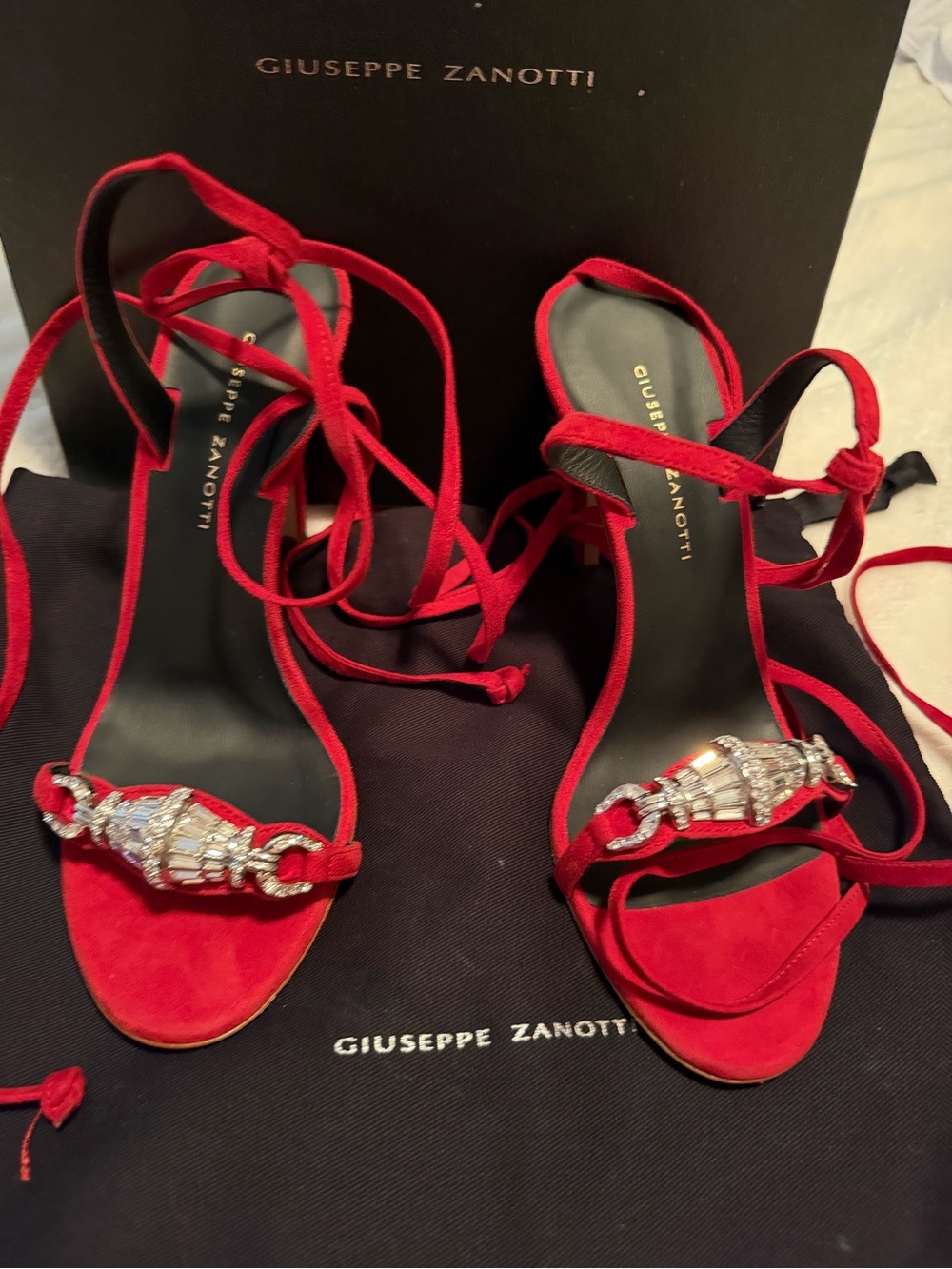 Giuseppe Zanotti Red Suede Crystal-Embellished Lace-Up Heels